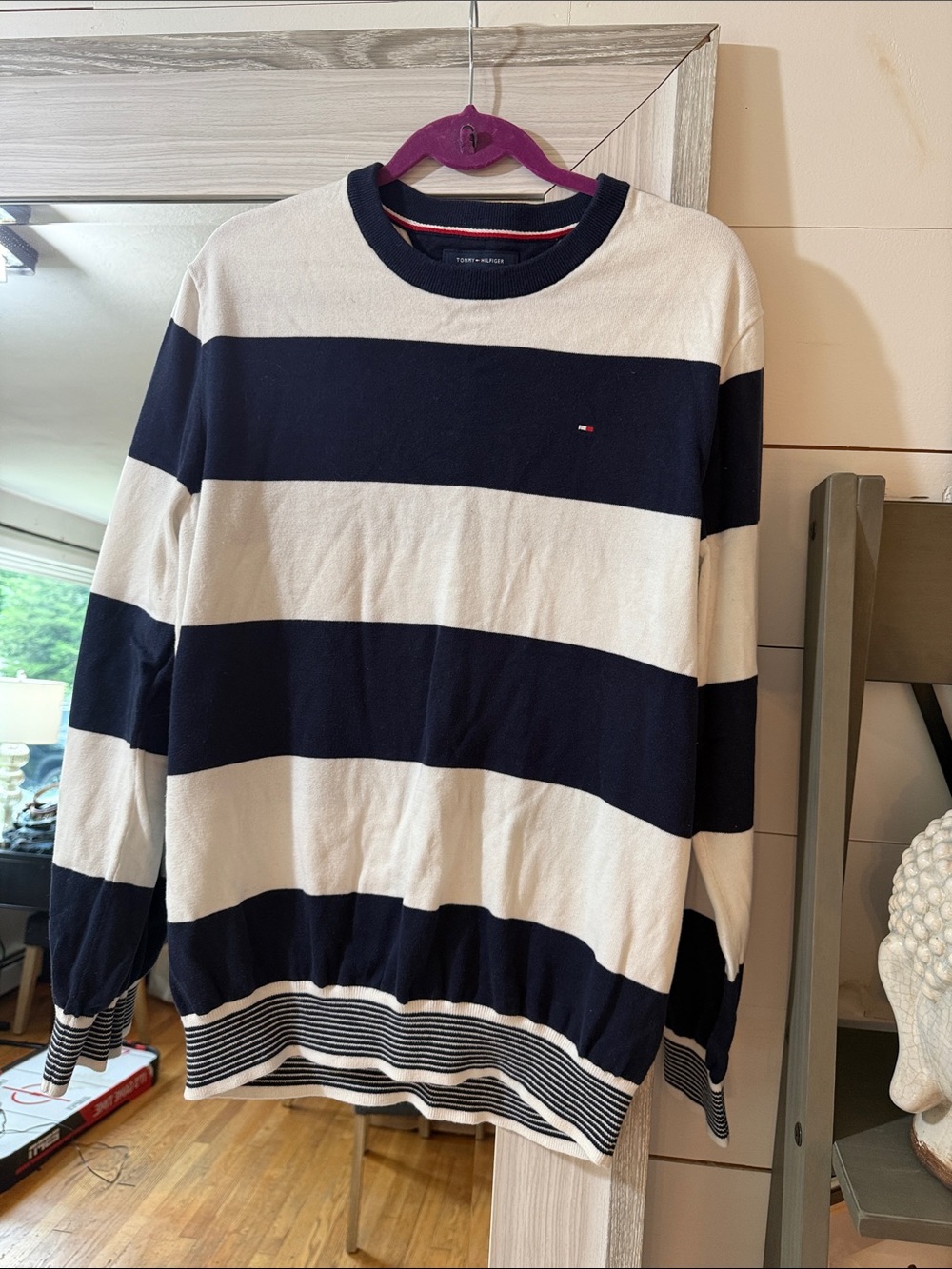 Tommy Hilfiger Men’s Navy and White Wide-Stripe Crewneck Sweater